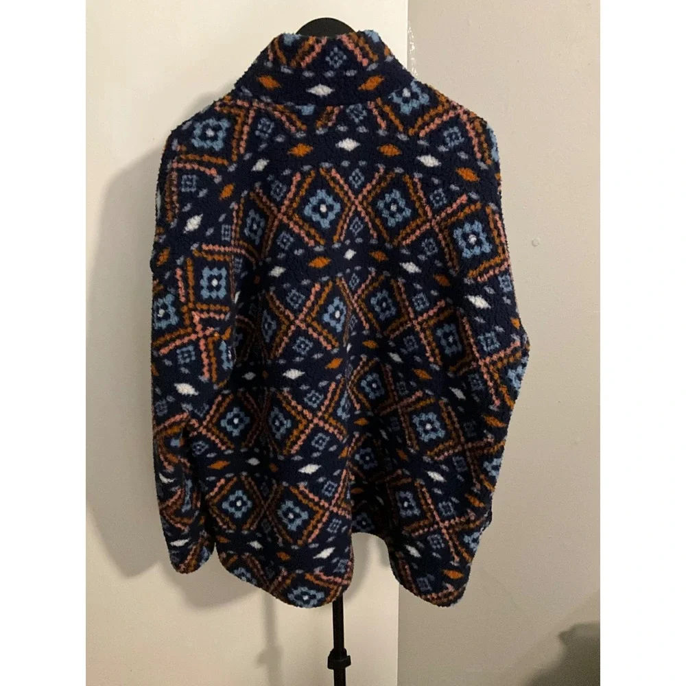 Old Navy Mens XXL Fleece Quarter Zip Pullover Navy Blue Geometric Sherpa Jacket